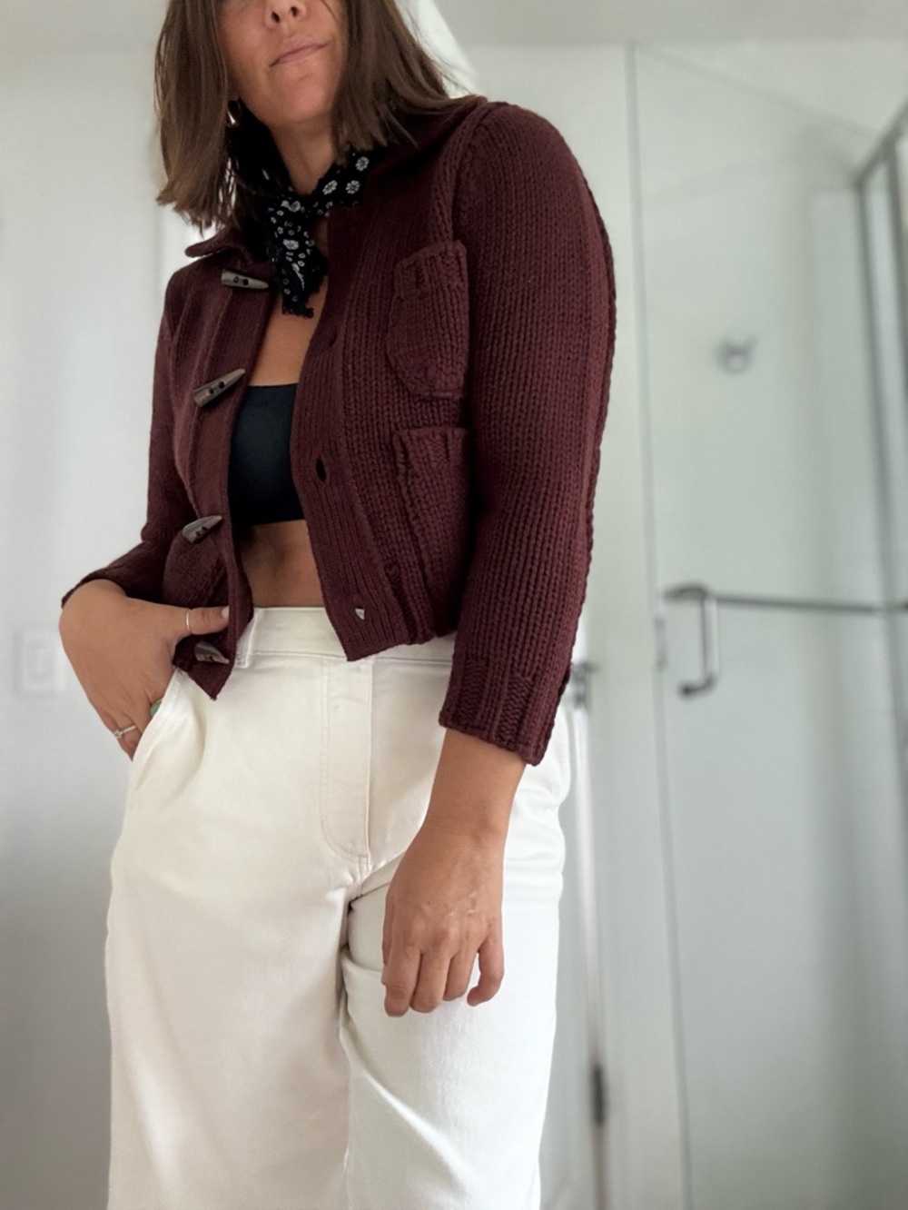 Zara Cropped Knit Cardigan Sweater - Deep Burgundy